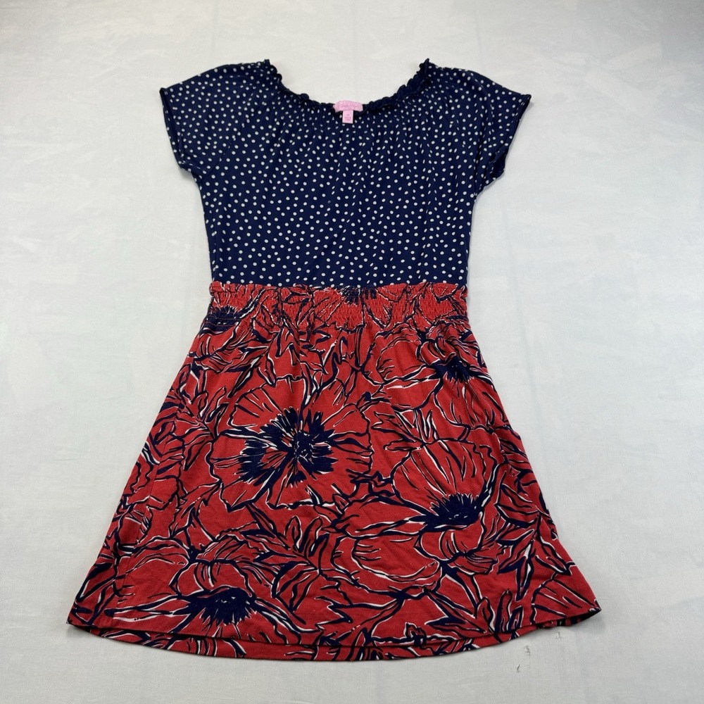 Lilly Pulitzer Women's Medium Navy Red Floral Polka Dot Smocked Waist Dress
